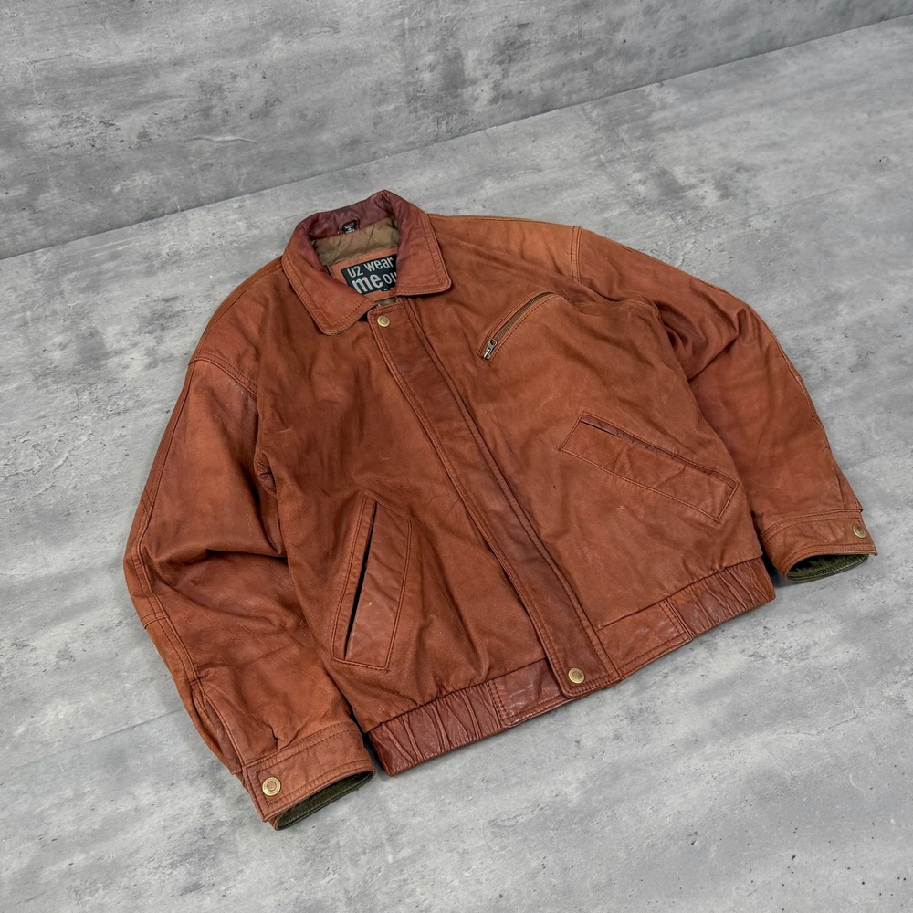Vintage VTG 90s Y2K Brown Genuine Leather Bomber Moto Biker Jacket